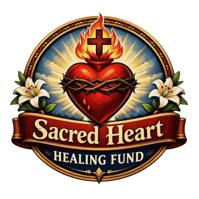 Sacred Heart Healing Fund logo: a flaming Sacred Heart with a cross and crown of thorns, framed by white lilies